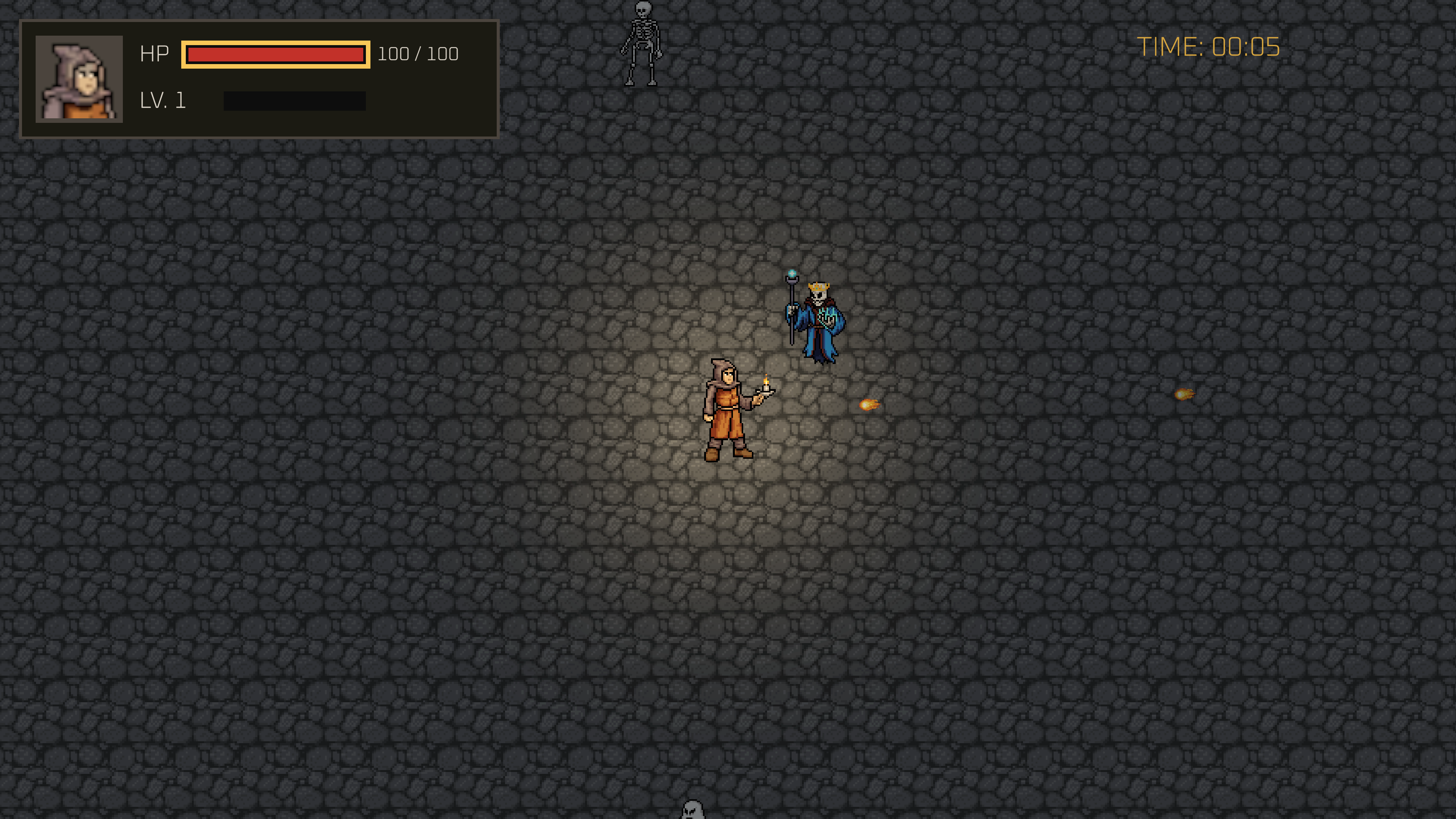 The monk confronts a staff-wielding guardian in the crypt