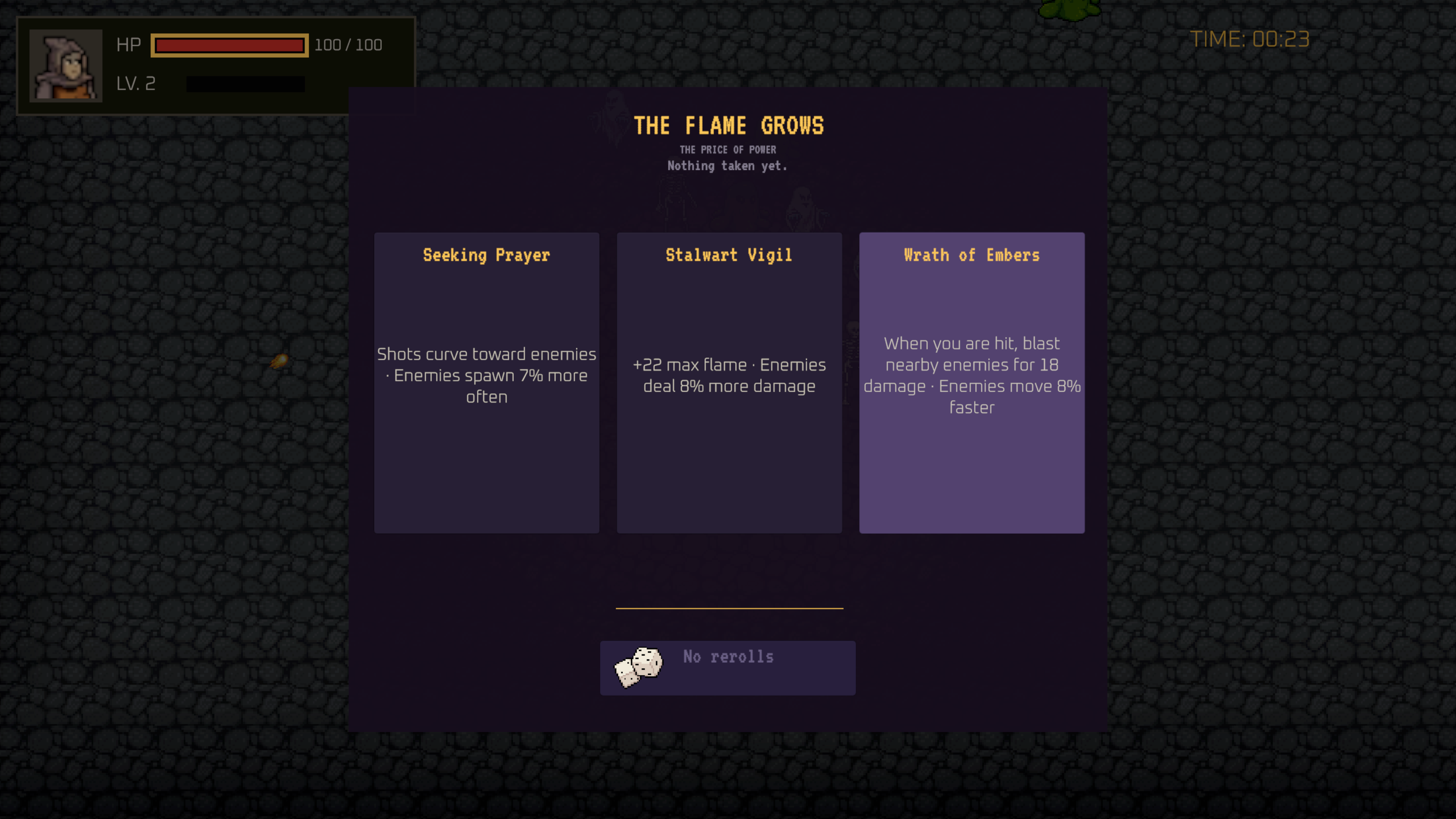 The Flame Grows upgrade screen offering three choices, each with a price