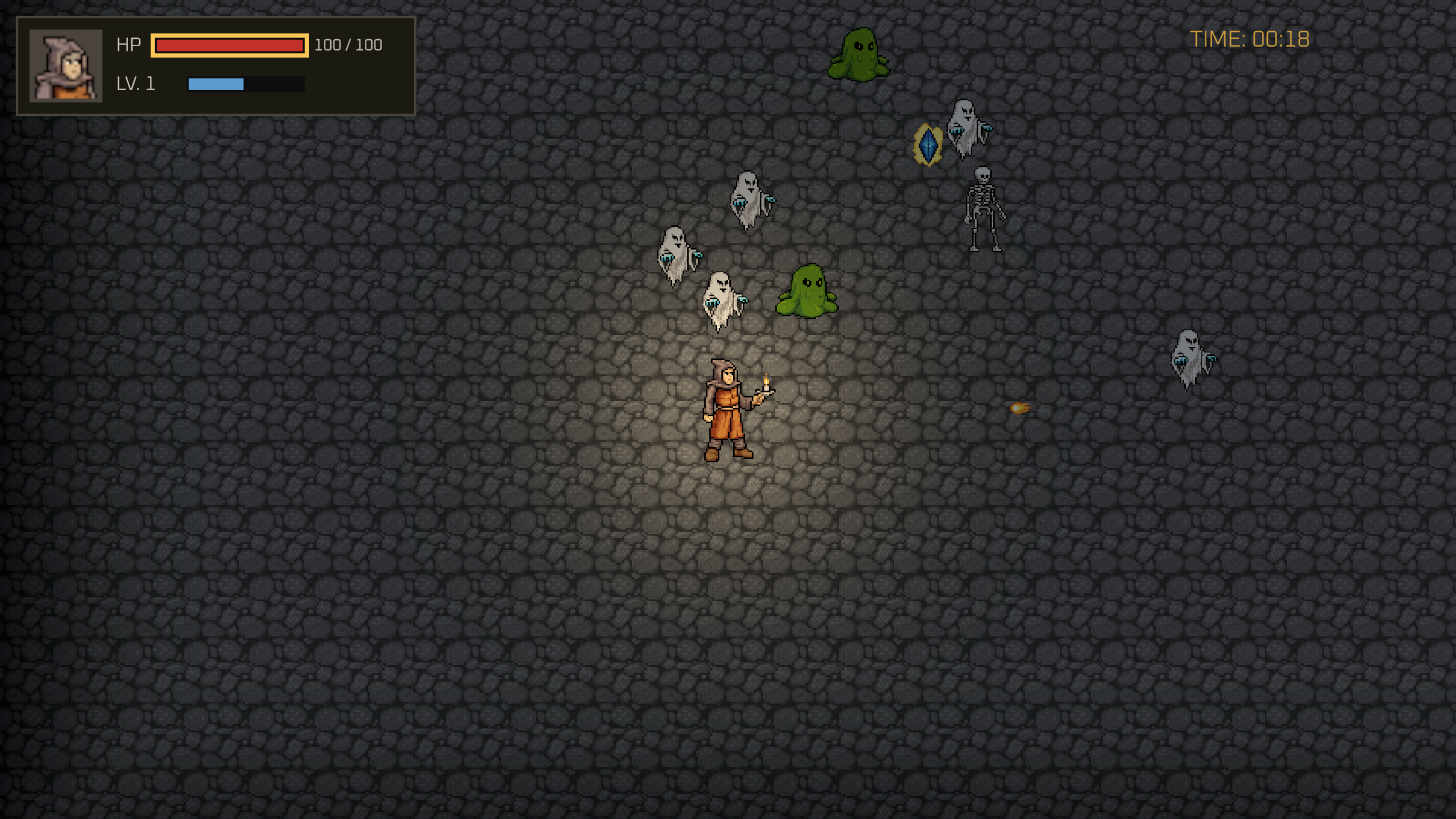 The monk fighting within a circle of candlelight while the crypt beyond falls into darkness