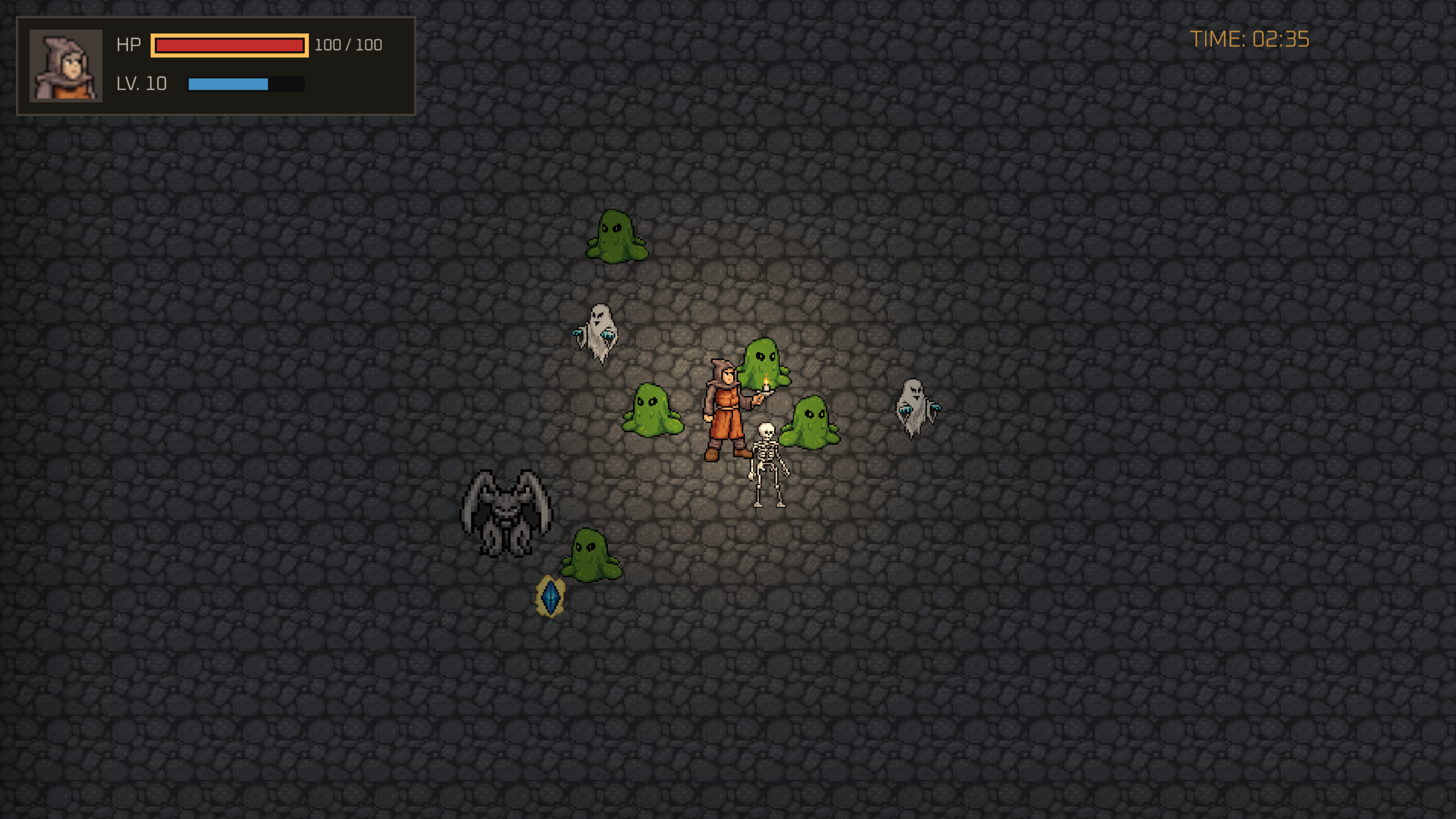 The monk surrounded by slimes, ghosts, a skeleton, and a gargoyle in the crypt