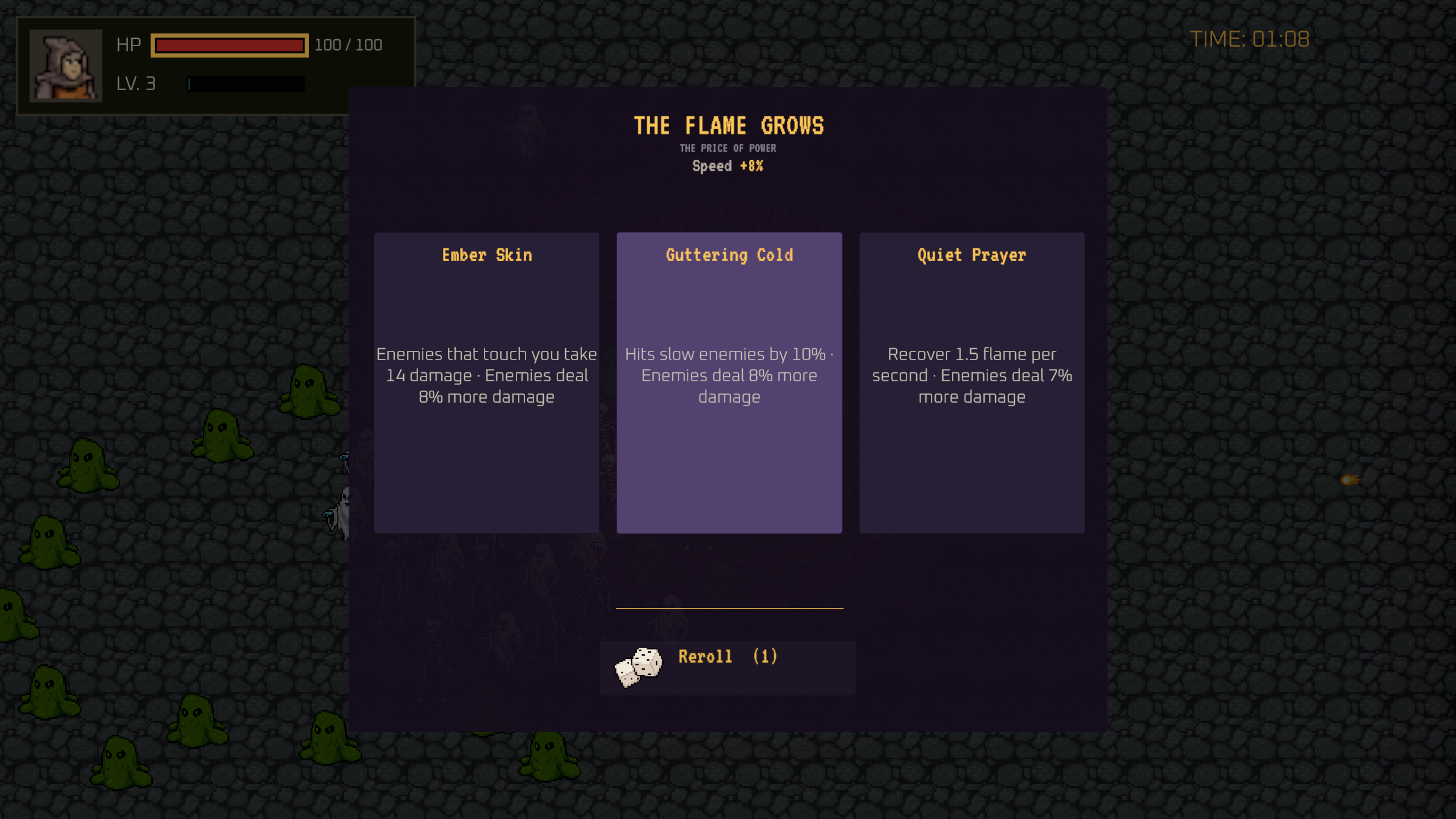 An upgrade screen with a reroll die available while slimes gather in the darkness beyond the menu